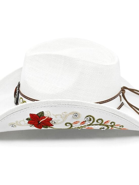 Women\'s White Straw Western Embroidered Imported Canvas Paper Cowgirl Hat main image 4